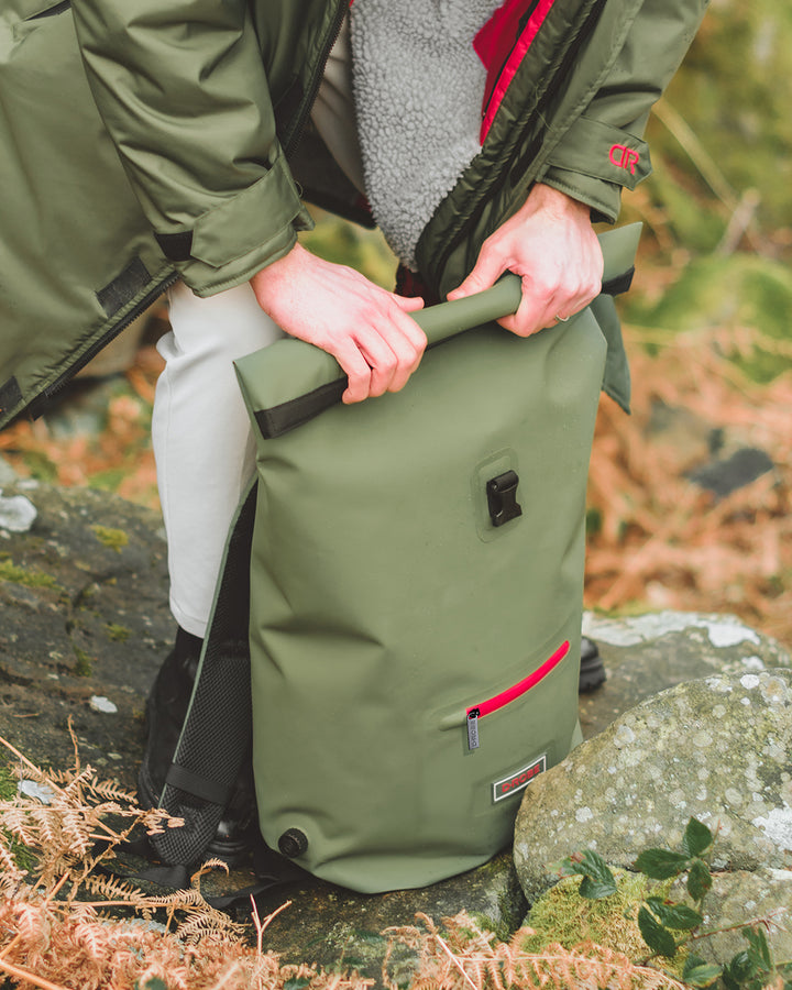  Image of D-Robe  moss green Roll-Top Rucksack. Use rolled for extra water protection when tightly closed or use unrolled when extra space is required.